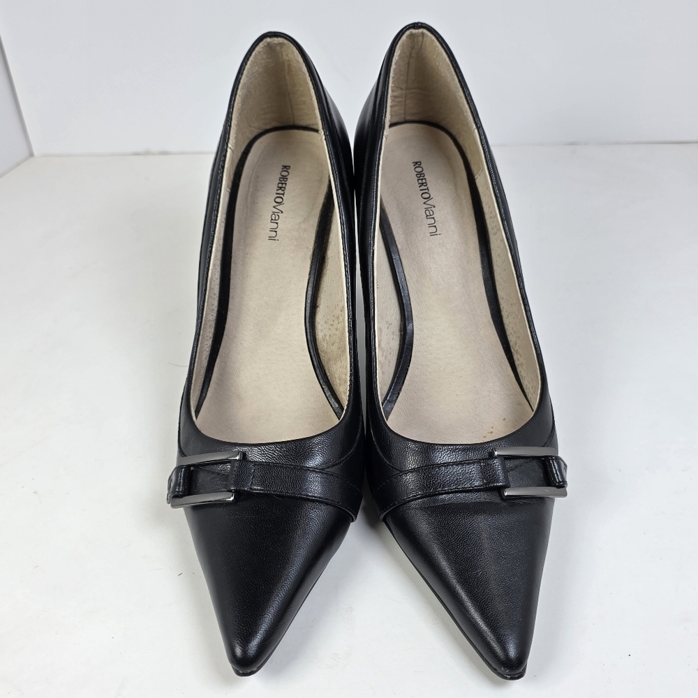 Roberto Vianni Black Leather Buckle Stiletto Heels - Picture 3 of 9